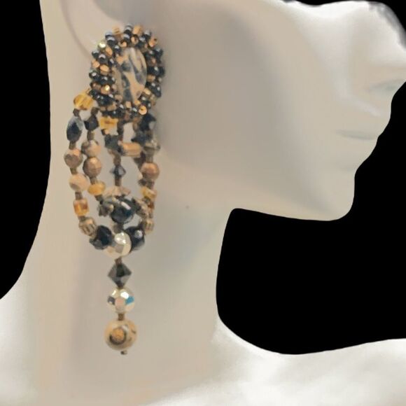 Leopard agate festoon style dangle earrings hand crafted artist made pierced - Picture 4 of 9